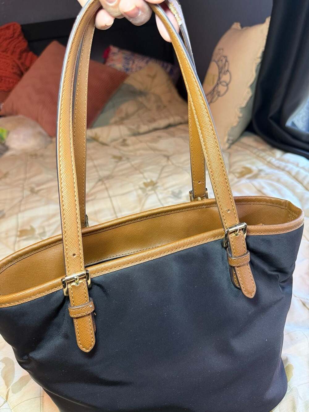 Michael Kors Black Nylon and Brown Saffiano Leather Tote Bag - Picture 9 of 15